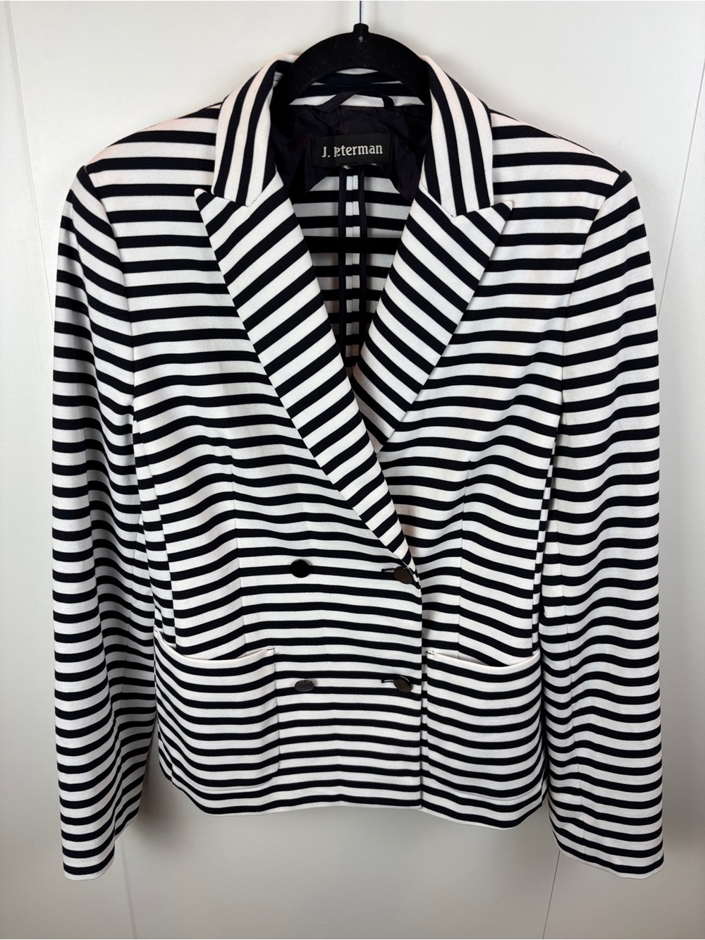 J. Peterman Navy White Striped Double-Breasted Blazer Stretch Jersey sz L Jacket